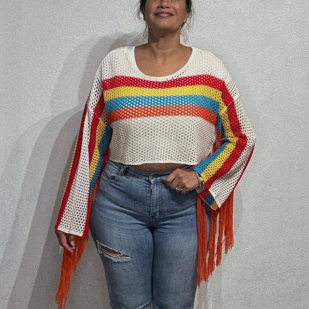 Rainbow Crochet Mesh Fringe Crop Top Poncho Sz S